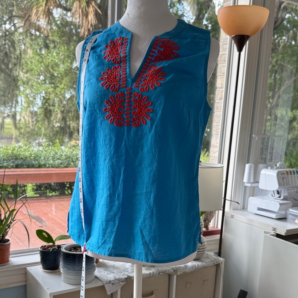 J. Crew Turquoise Sleeveless Top with Red Embroidery